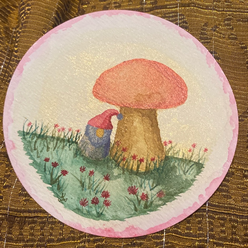 Unframed Original Art Watercolour on Circular Paper Gnome, Mushroom, & Flowers